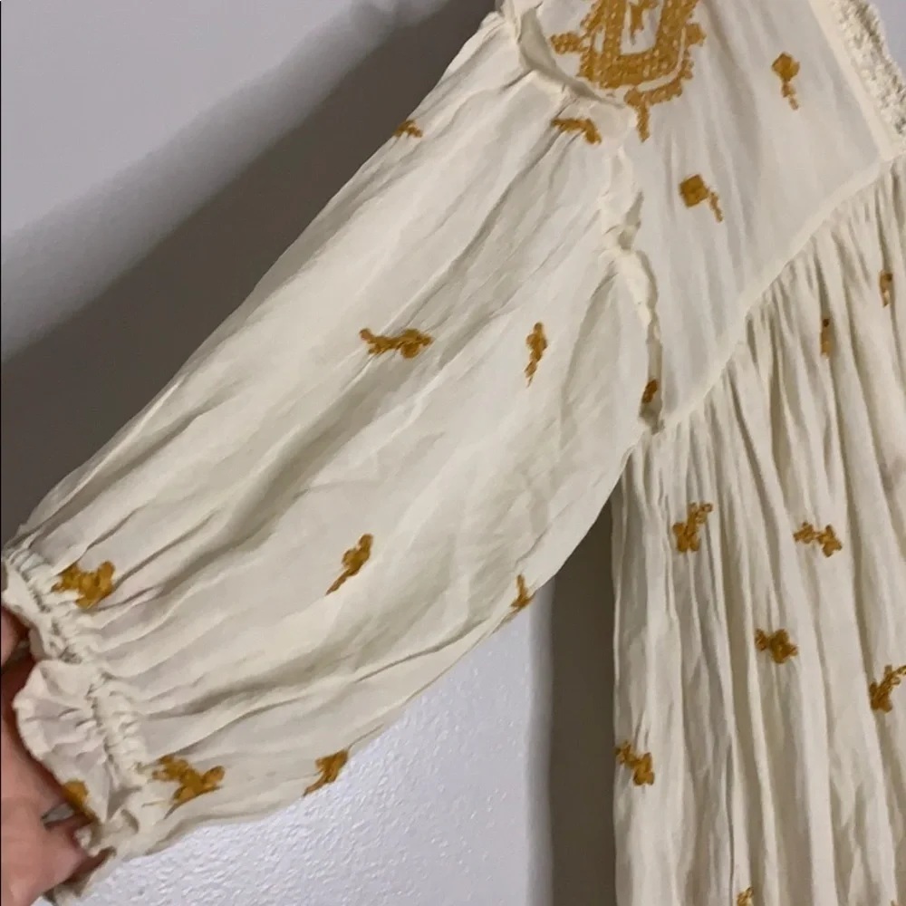 Free people oversized embroidered mp a line midi swing dress xs/s mustard ivory